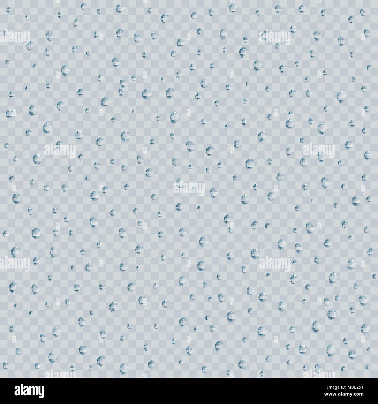 Acqua delle gocce di pioggia o di una doccia di vapore textere isolato su sfondo trasparente. Realistiche le gocce di puro condensato. Illustrazione Vettoriale Illustrazione Vettoriale