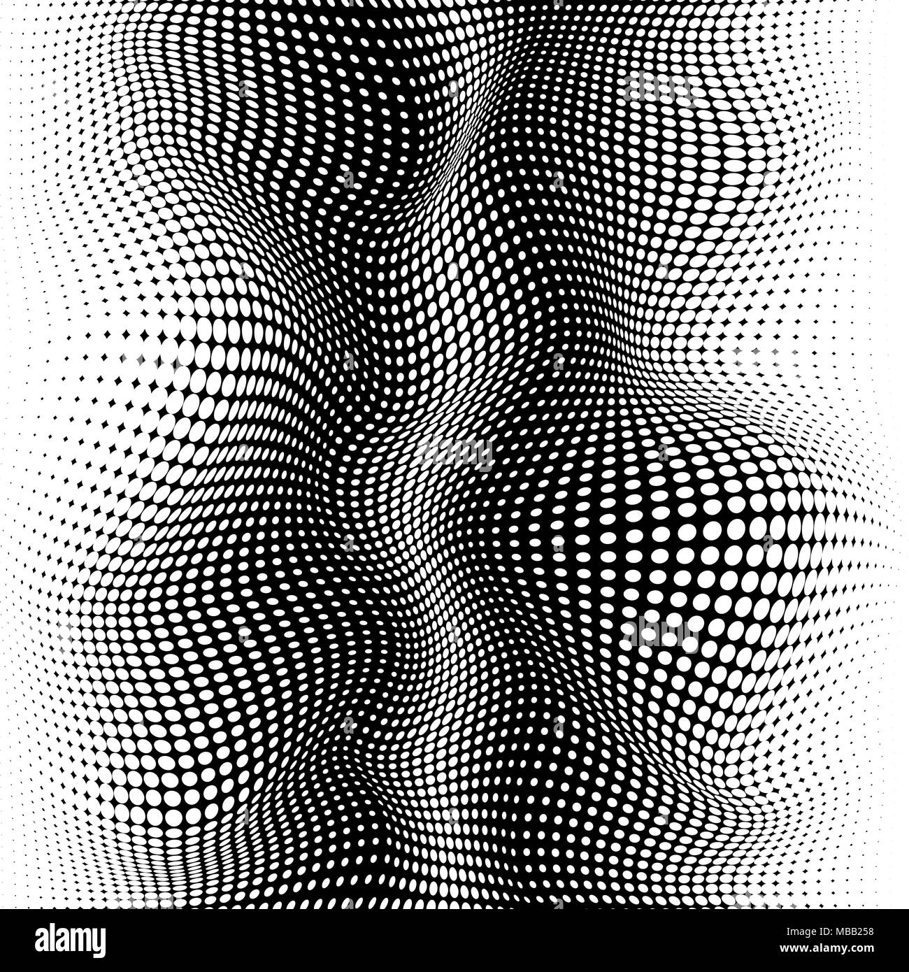 Texture di mezzitoni. Punti neri effetto Warp. I mezzitoni in bianco e nero illustrazione vettoriale Illustrazione Vettoriale