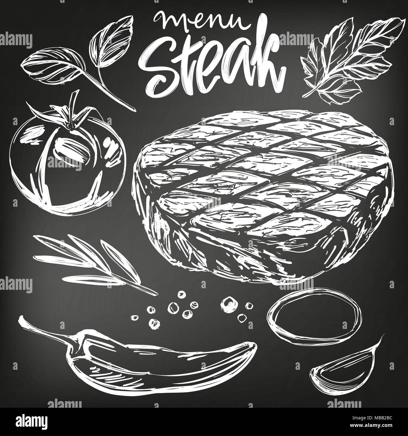 Carne alimentare, bistecche arrosto, set di vegetali, disegnati a mano illustrazione vettoriale realistico disegno , disegnati in gesso su una lavagna nera Illustrazione Vettoriale