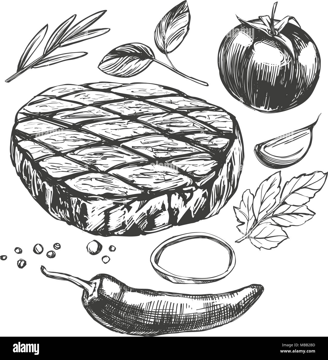 Carne alimentare, bistecche arrosto, set di vegetali, disegnati a mano illustrazione vettoriale disegno realistico Illustrazione Vettoriale