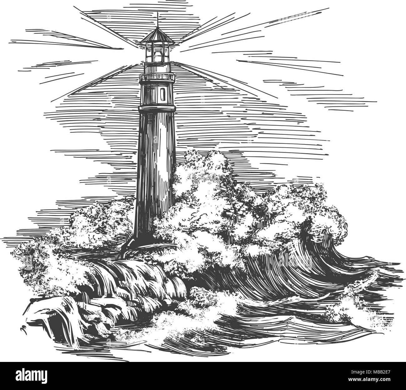 Faro Faro nel buio e paesaggio marino, storm disegnati a mano illustrazione vettoriale disegno realistico Illustrazione Vettoriale