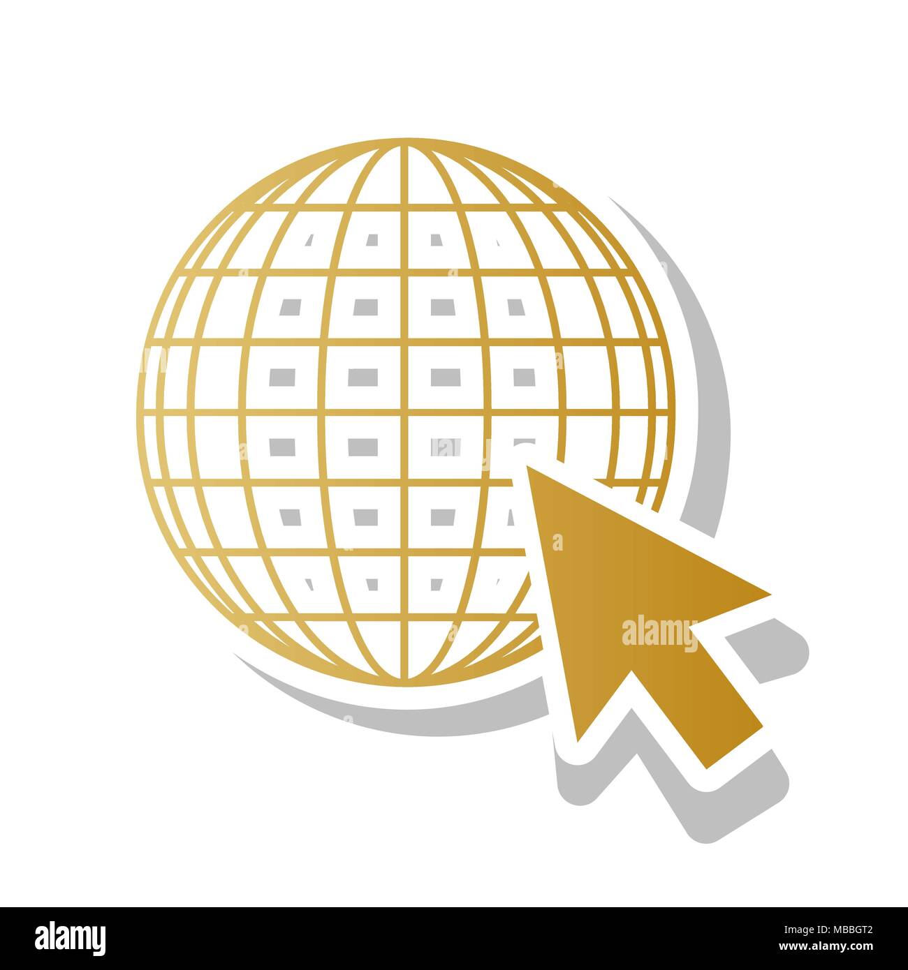 Globo terrestre con cursore. Vettore. Golden icona gradiente con contorno bianco e grigio ruotato ombra a sfondo bianco. Illustrazione Vettoriale