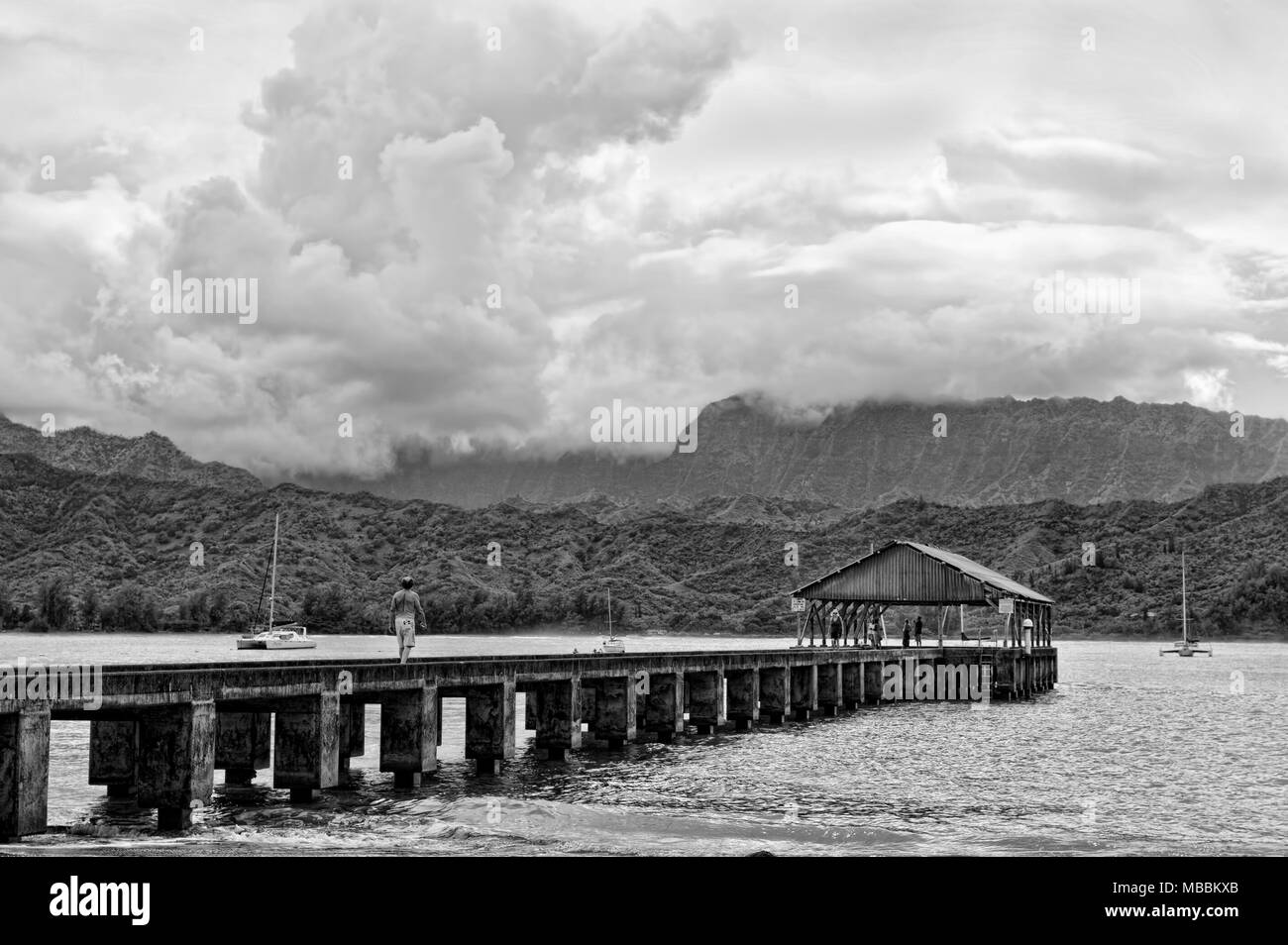 Il molo di Hanalei in Kauai , Hawaii in bianco e nero. Foto Stock