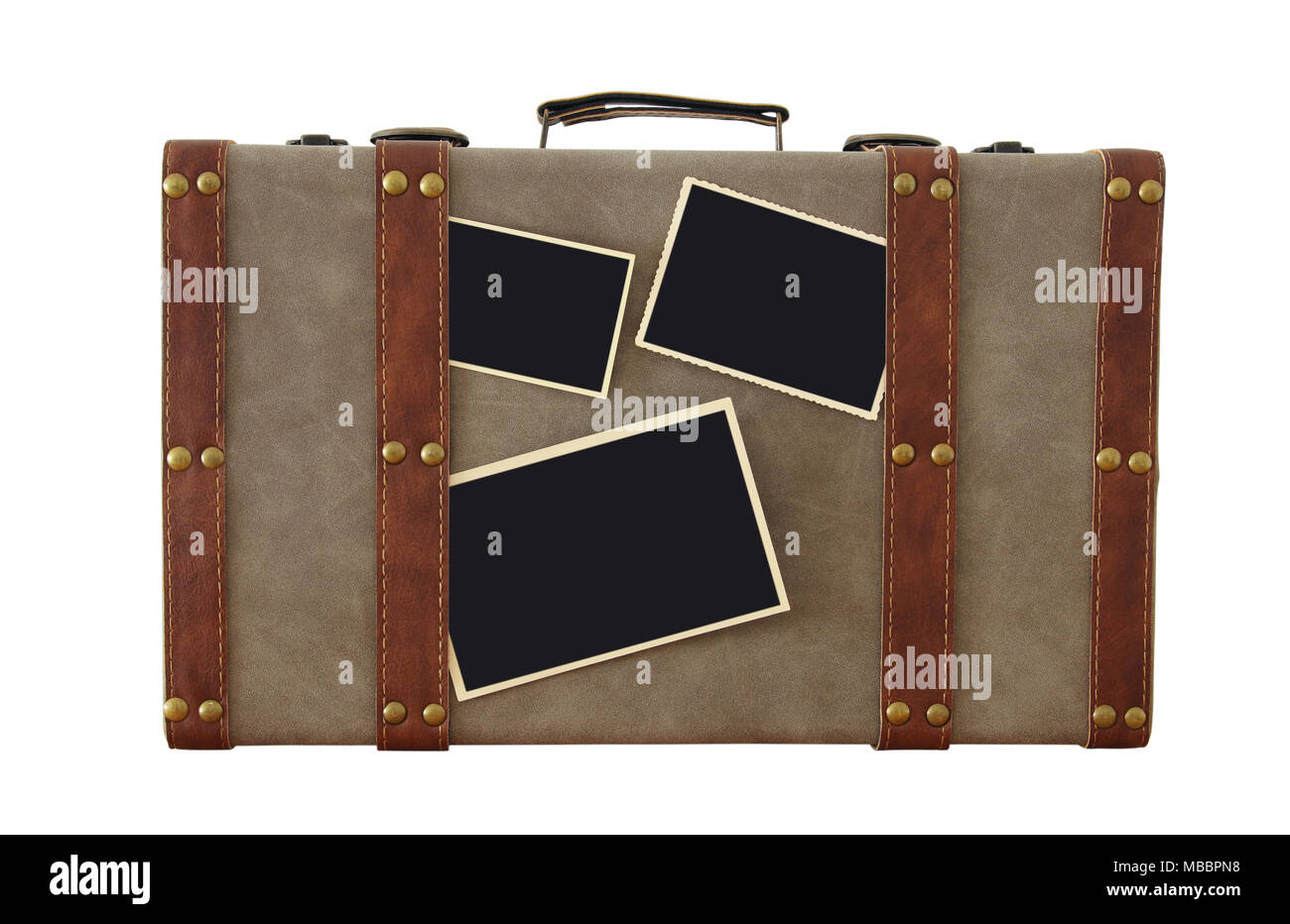 Immagine di un vecchio vintage bagagli con foto in bianco per la fotografia montage mockup isolato su bianco Foto Stock