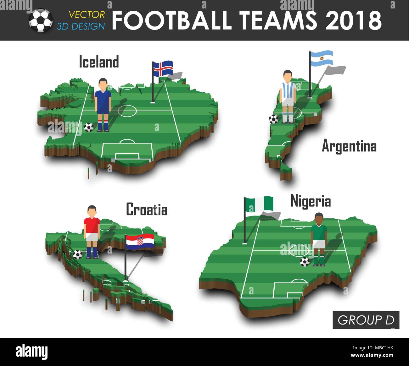 Nazionali di calcio 2018 GRUPPO D . Giocatore di football e flag su 3D design country mappa . isolato sfondo . Vettore internazionale per il campione del mondo Illustrazione Vettoriale