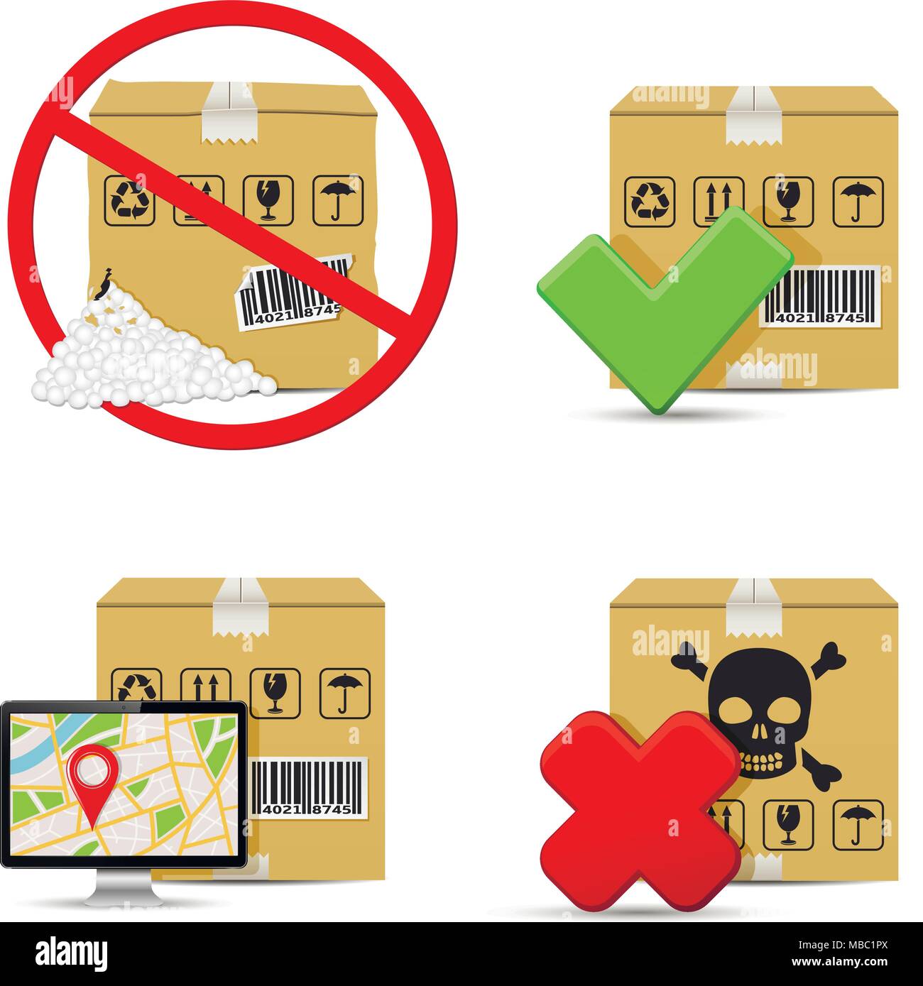 Icone di spedizione. Scatole di cartone disegno vettoriale. Illustrazione Vettoriale