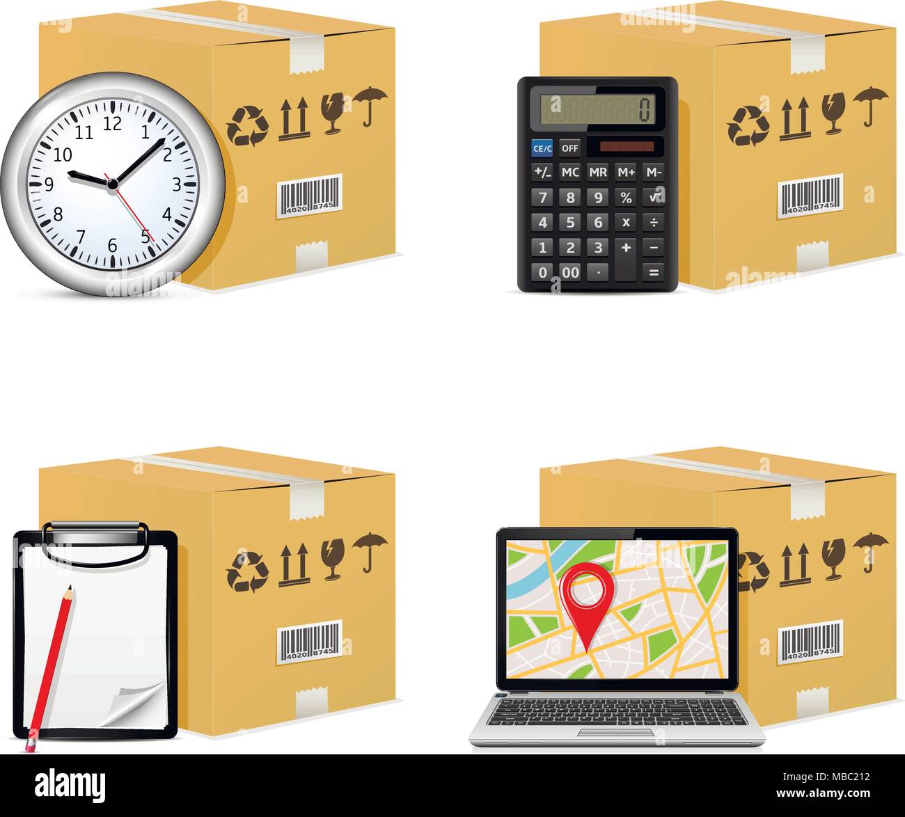 Icone di consegna. Spese di spedizione le scatole di cartone con Orologio, Calcolatrice, appunti e gps mappa su schermo di computer portatile. Illustrazione Vettoriale