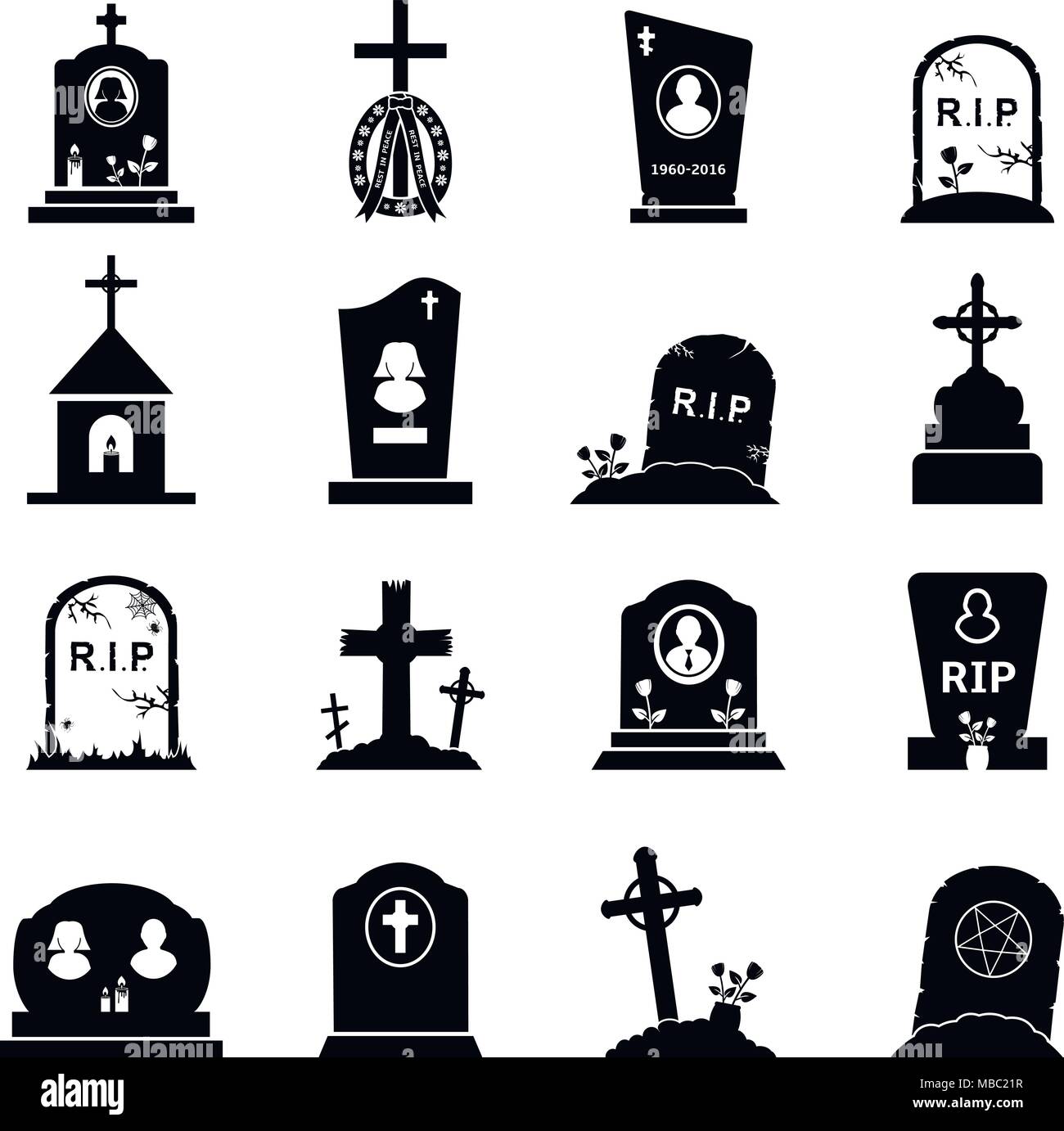 Vettore astratto set di lapidi e pietre tombali icone su sfondo bianco Illustrazione Vettoriale