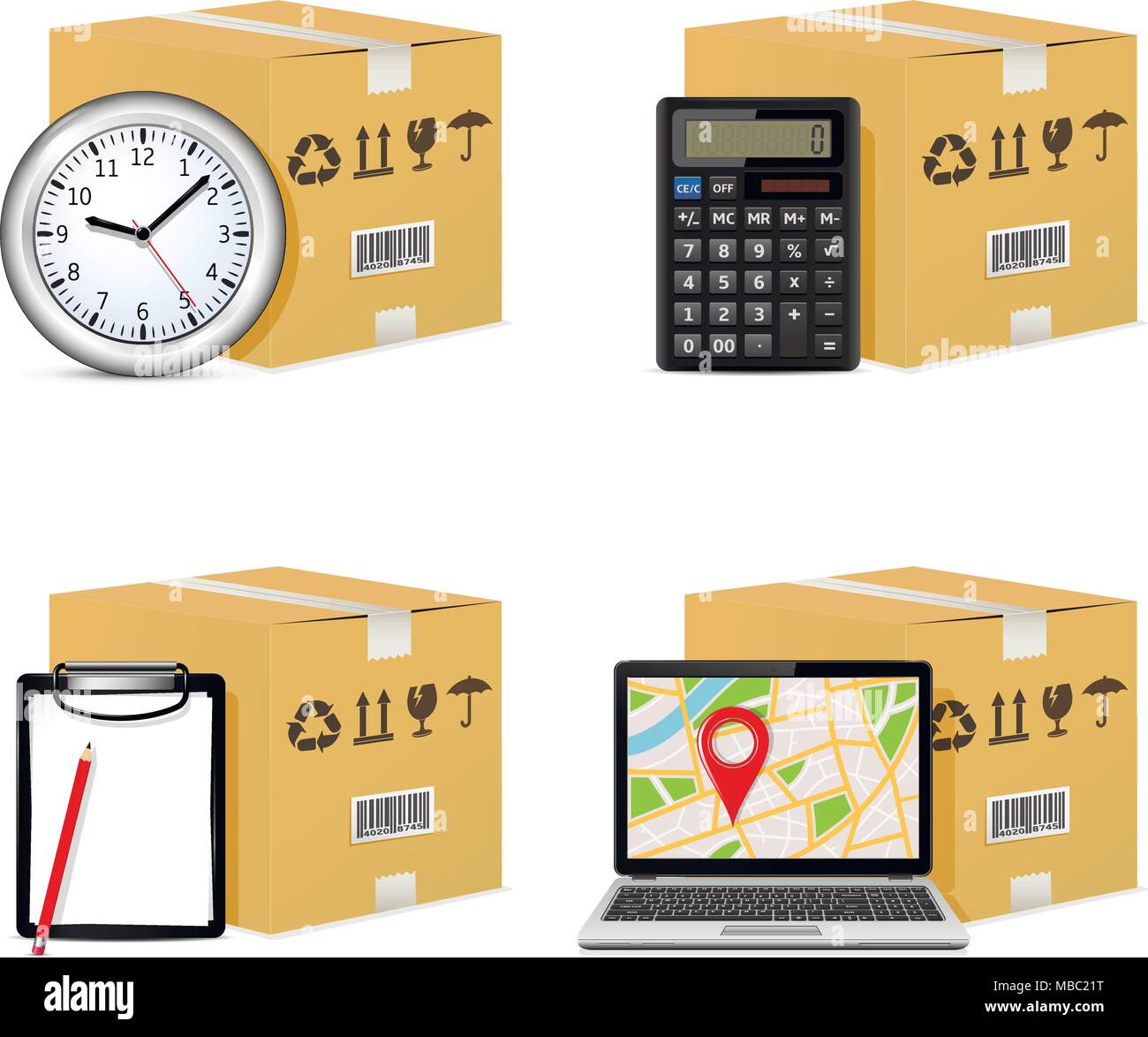 Icone di consegna. Spese di spedizione le scatole di cartone con Orologio, Calcolatrice, appunti e gps mappa su schermo di computer portatile. Illustrazione Vettoriale