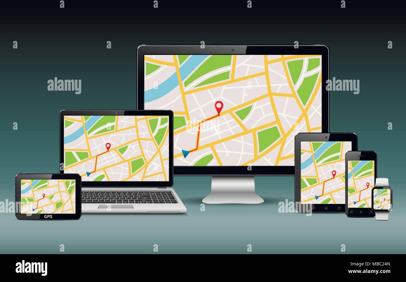 Modello di navigazione. Mappa GPS sul display dei moderni dispositivi digitali. Illustrazione Vettoriale