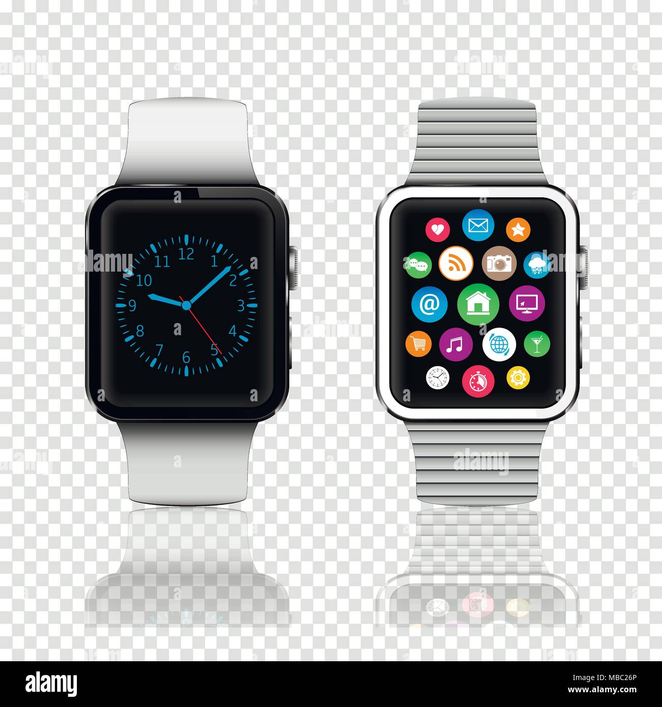 Smart di orologi con icone e orologio sullo schermo. Isolato su sfondo  trasparente con la riflessione Immagine e Vettoriale - Alamy