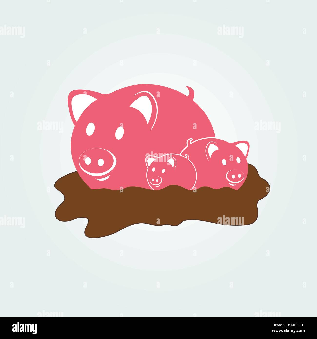 Carino rosa famiglia di suini in una pozza di fango. Illustrazione Vettoriale. Illustrazione Vettoriale