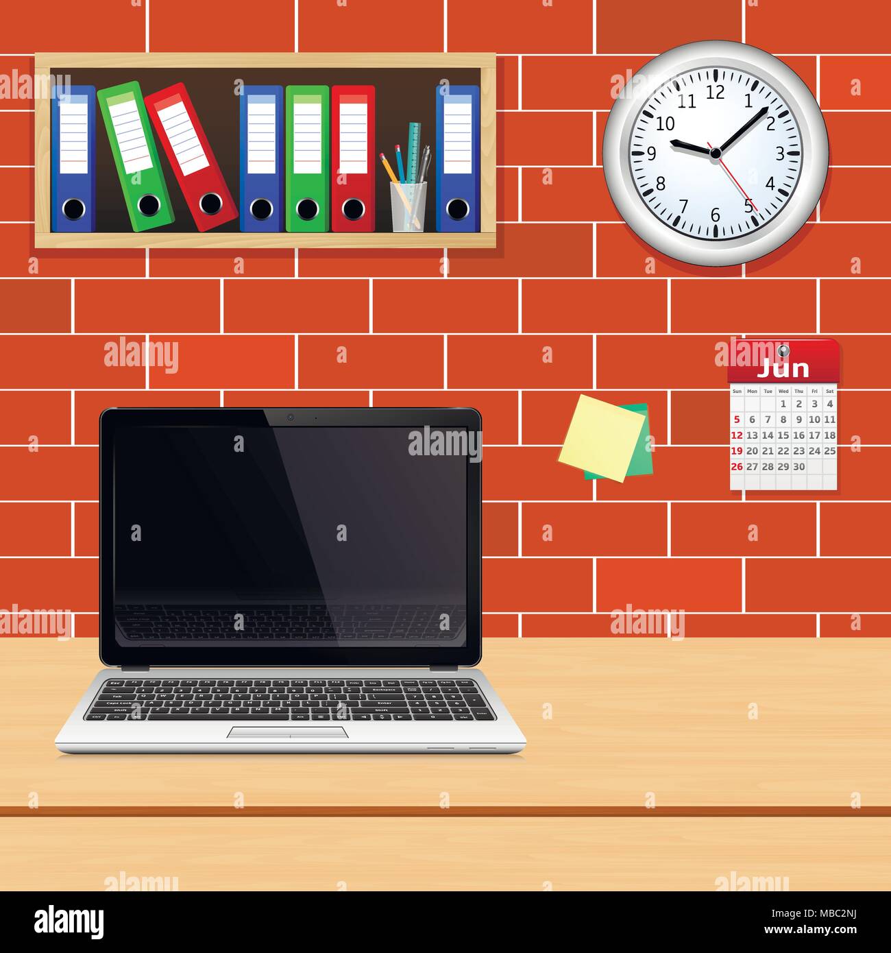 Ufficio interno con laptop moderno sul tavolo, cartelle di file di orologio e calendario sul muro di mattoni. Illustrazione Vettoriale. Illustrazione Vettoriale