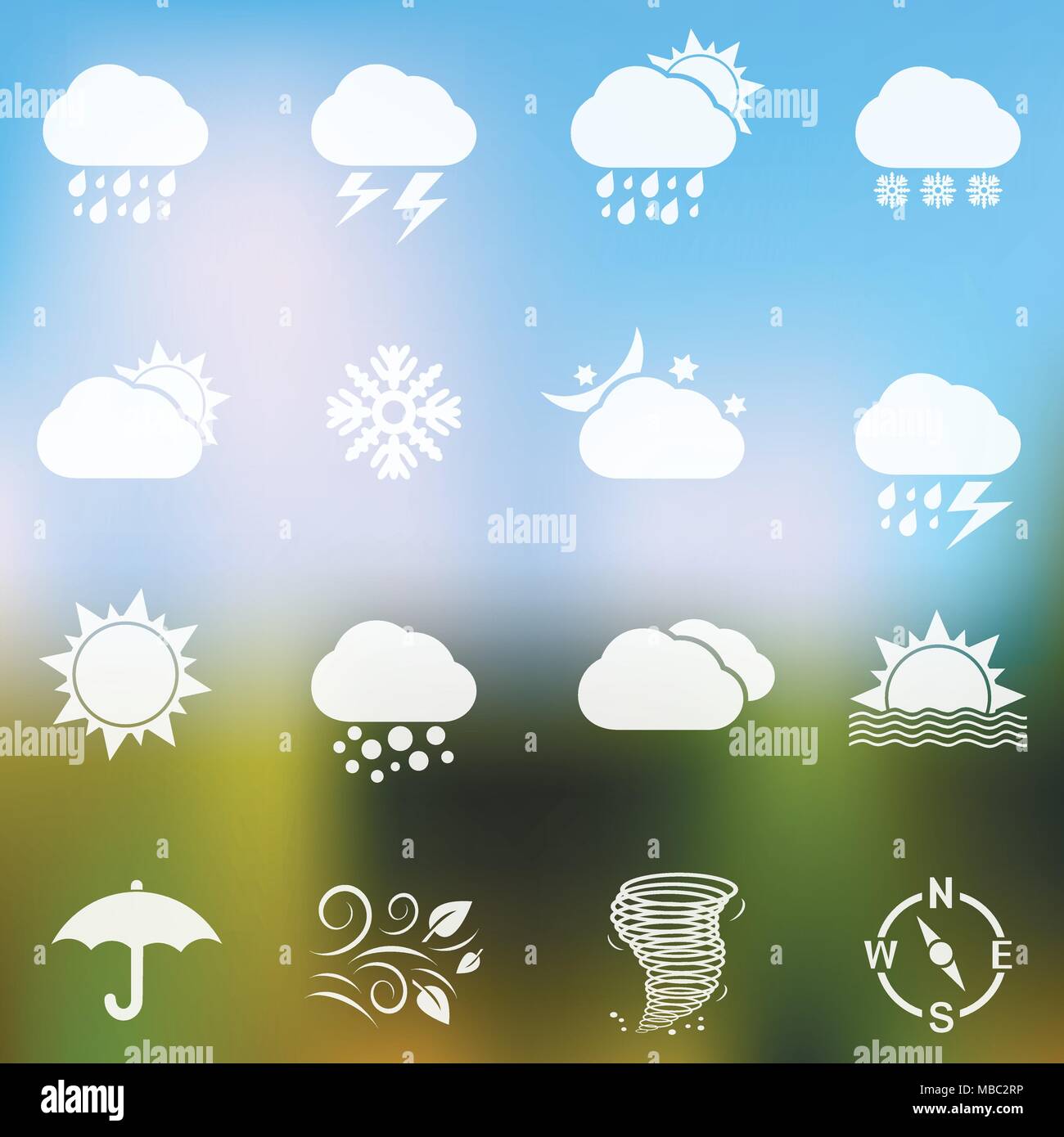 Meteo icone vettoriali su sfondo sfocato Illustrazione Vettoriale
