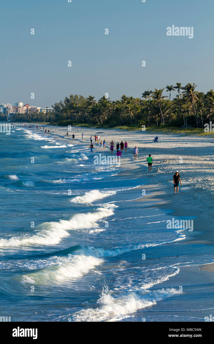 Passeggiata mattutina sulla spiaggia della costa del Golfo della Florida vicino al Molo di Napoli, Naples, Florida, Stati Uniti d'America Foto Stock