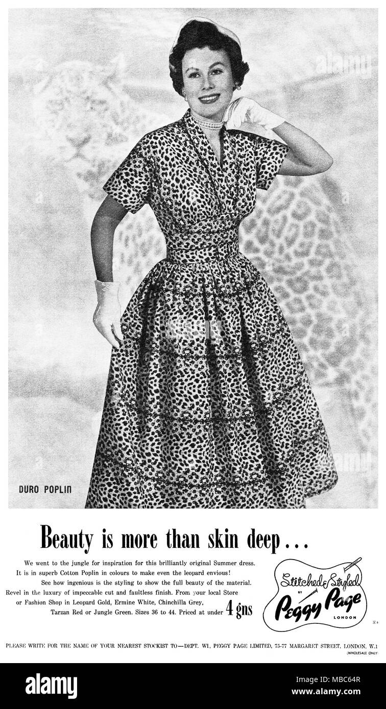 1953 British pubblicità per Peggy page mode, mostrando un popeline di cotone abiti estivi con leopardskin stampa. Foto Stock