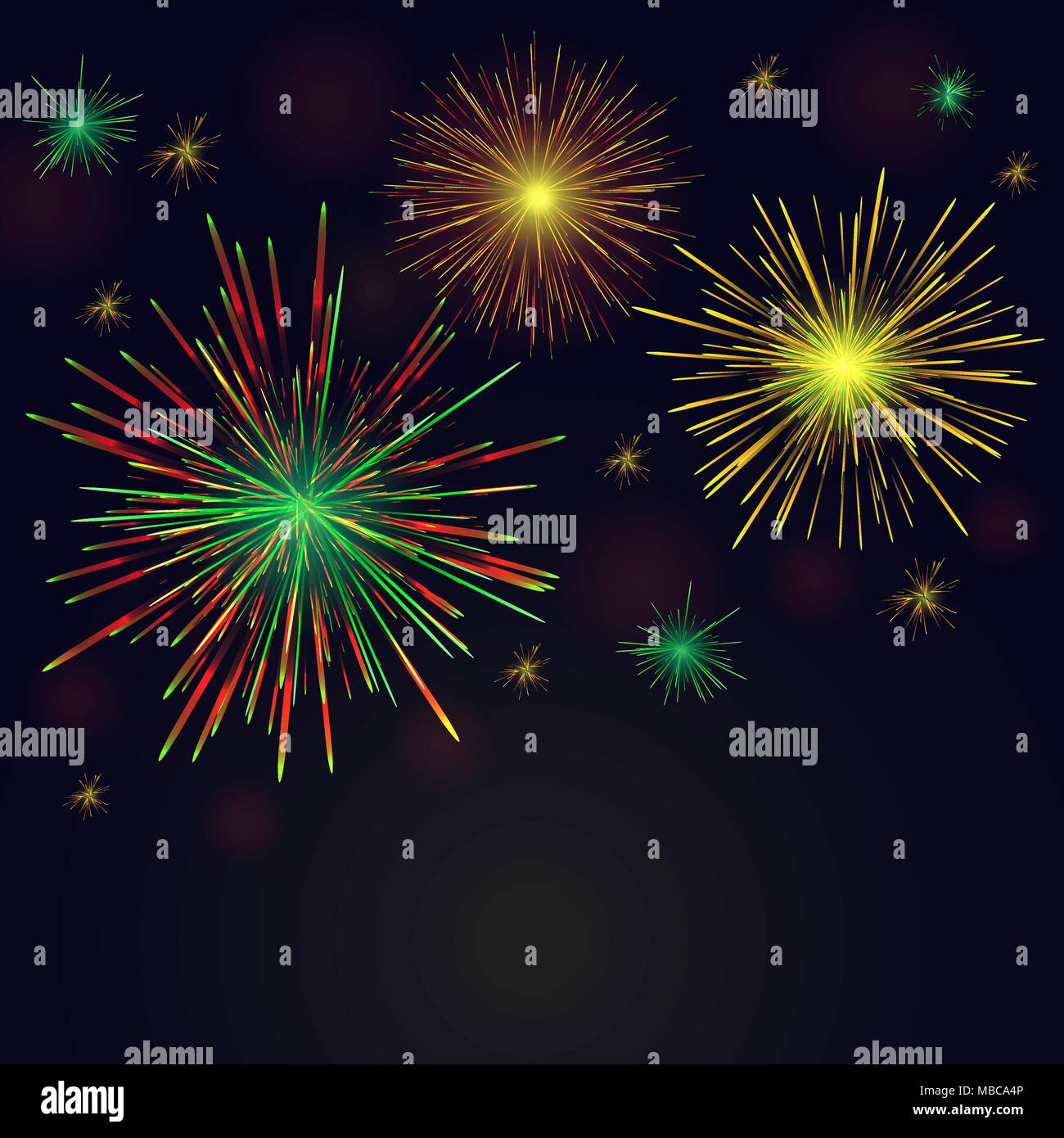 Festa multicolore vettore spumanti golden, verde, rosso fuochi d'artificio imposta oltre il cielo notturno. Il 4 luglio il giorno di indipendenza, le vacanze di capodanno sfondo. Illustrazione Vettoriale