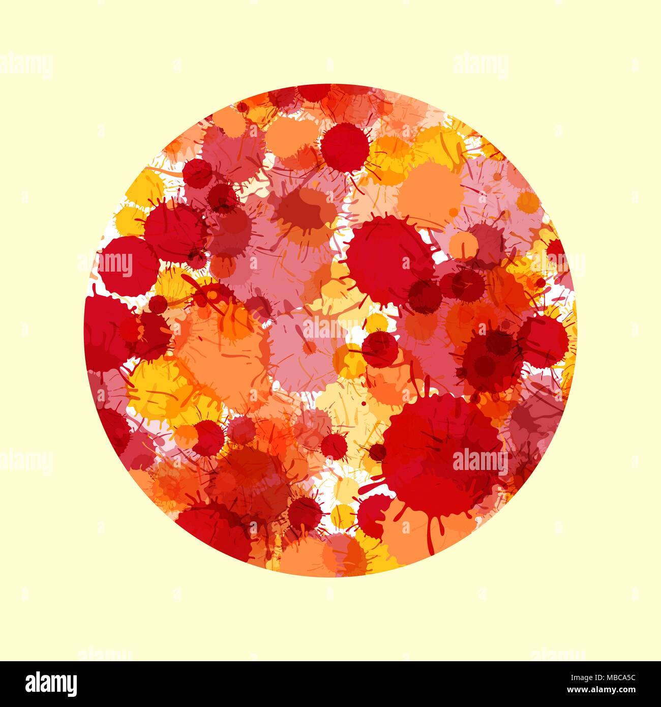 Vivace rosso e arancione acquerello artistico gocce di vernice sfondo vettoriale. Biglietto di auguri o un modello di invito con schizzi ad acquerello in tondo f Illustrazione Vettoriale