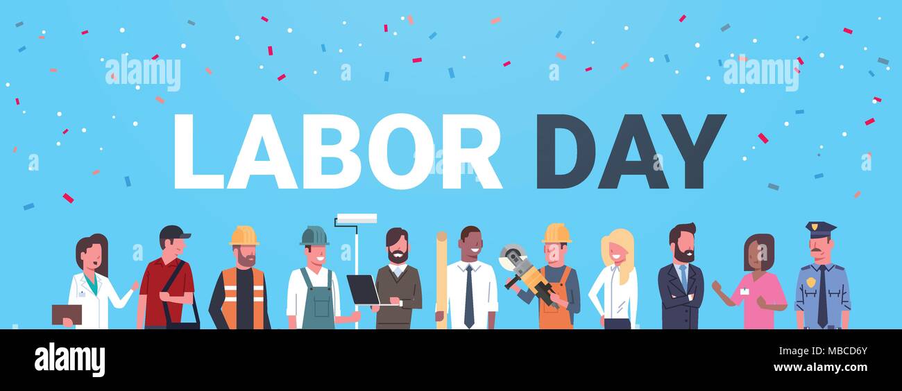 Il Labor Day Poster con persone di diverse professioni su sfondo blu Illustrazione Vettoriale