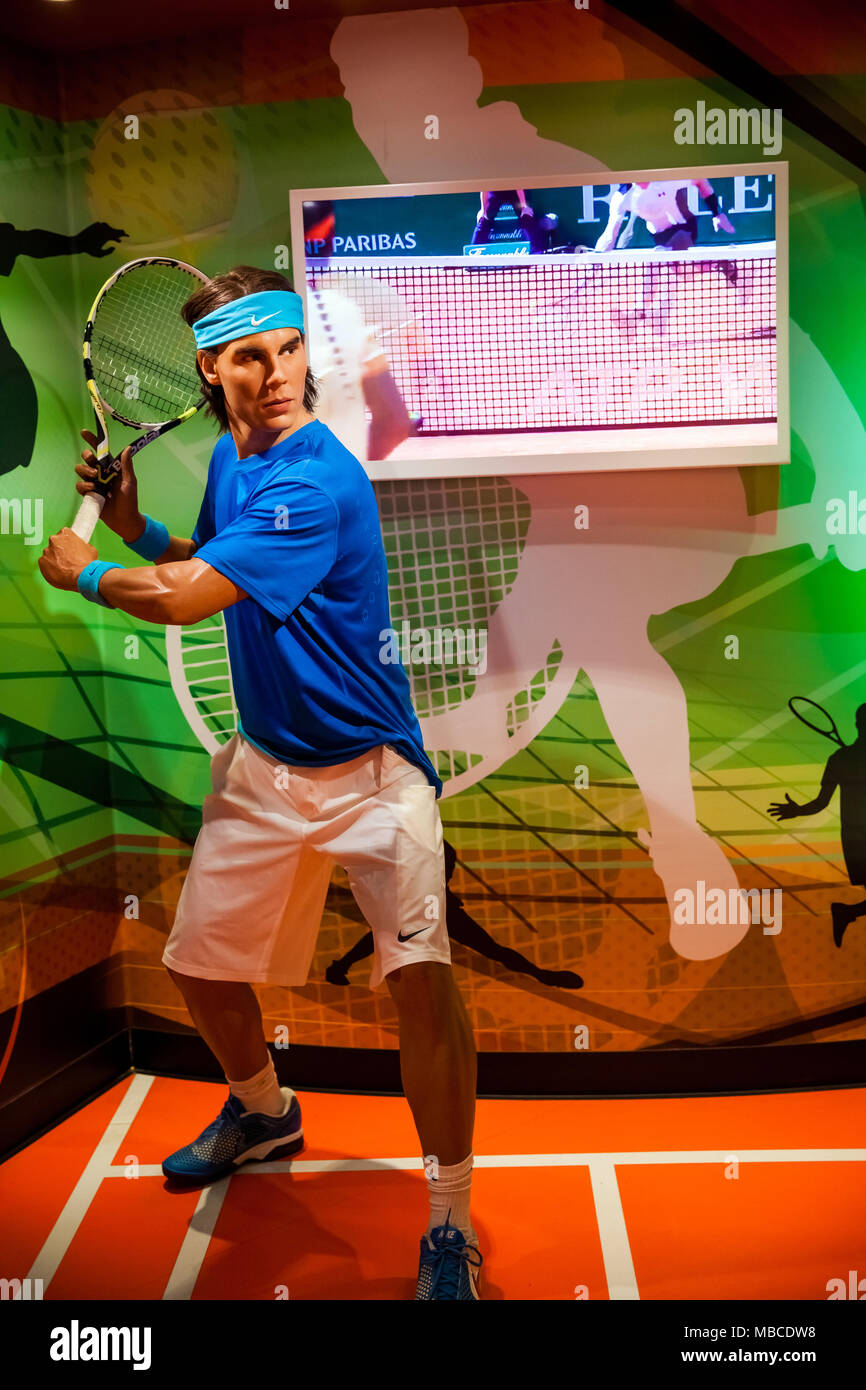 Cera figura di Rafael Nadal tennista nel museo delle cere di Madame Tussauds di Amsterdam, Paesi Bassi Foto Stock