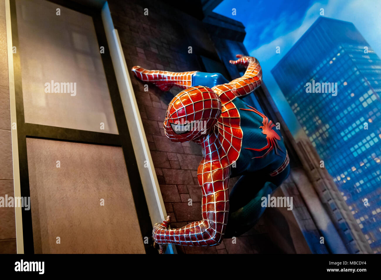 Spiderman marvel comics nel museo delle cere di Madame Tussauds di Amsterdam, Paesi Bassi Foto Stock