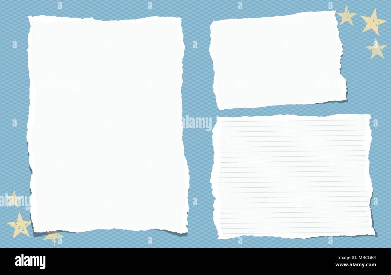 Vuoto strappato e foderato nota, notebook da pezzi di carta per il testo incollato sul quadrato blu sullo sfondo. Illustrazione Vettoriale. Illustrazione Vettoriale