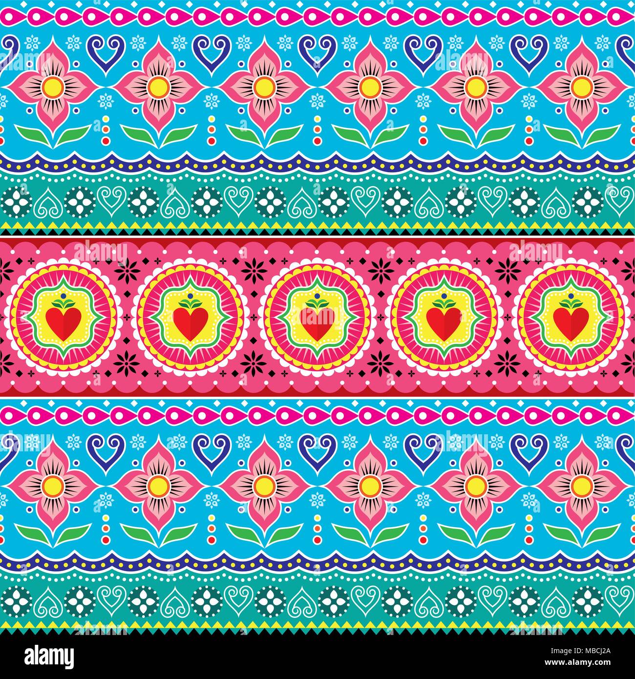 Carrelli indiano arte vettore seamless pattern, Pakistani carrello colorato design floreale con fiore di loto, foglie e forme astratte Illustrazione Vettoriale