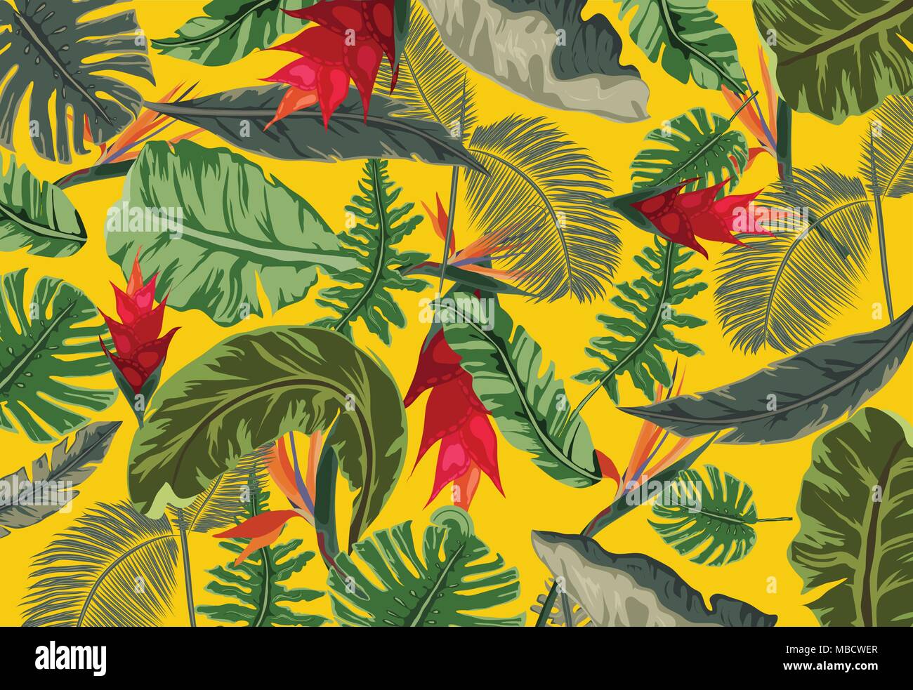 Luminose sfondo tropicale con la giungla di piante. Modello esotico con foglie tropicali Illustrazione Vettoriale