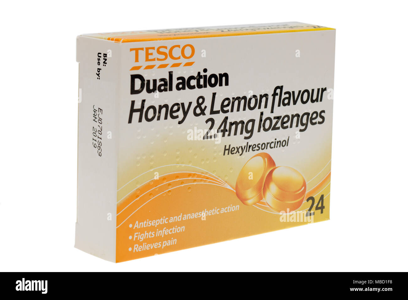 Scatola di Tesco a doppia azione e miele aromatizzato al limone losanghe Foto Stock
