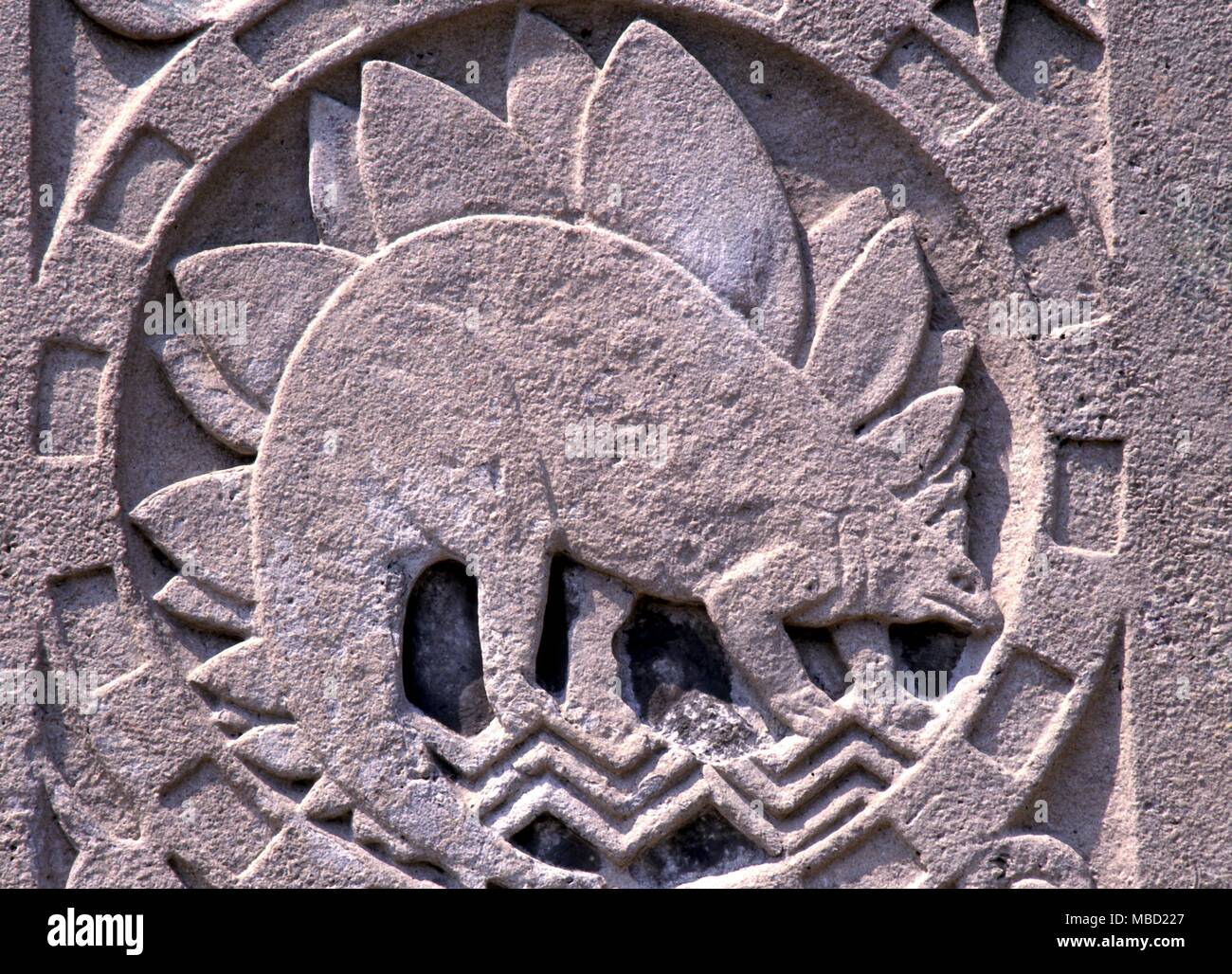 Bassorilievo del Stegosaurus. Sculptureon in pietra della facciata del Royal Ontario Museum di Toronto. In Canada. Foto Stock