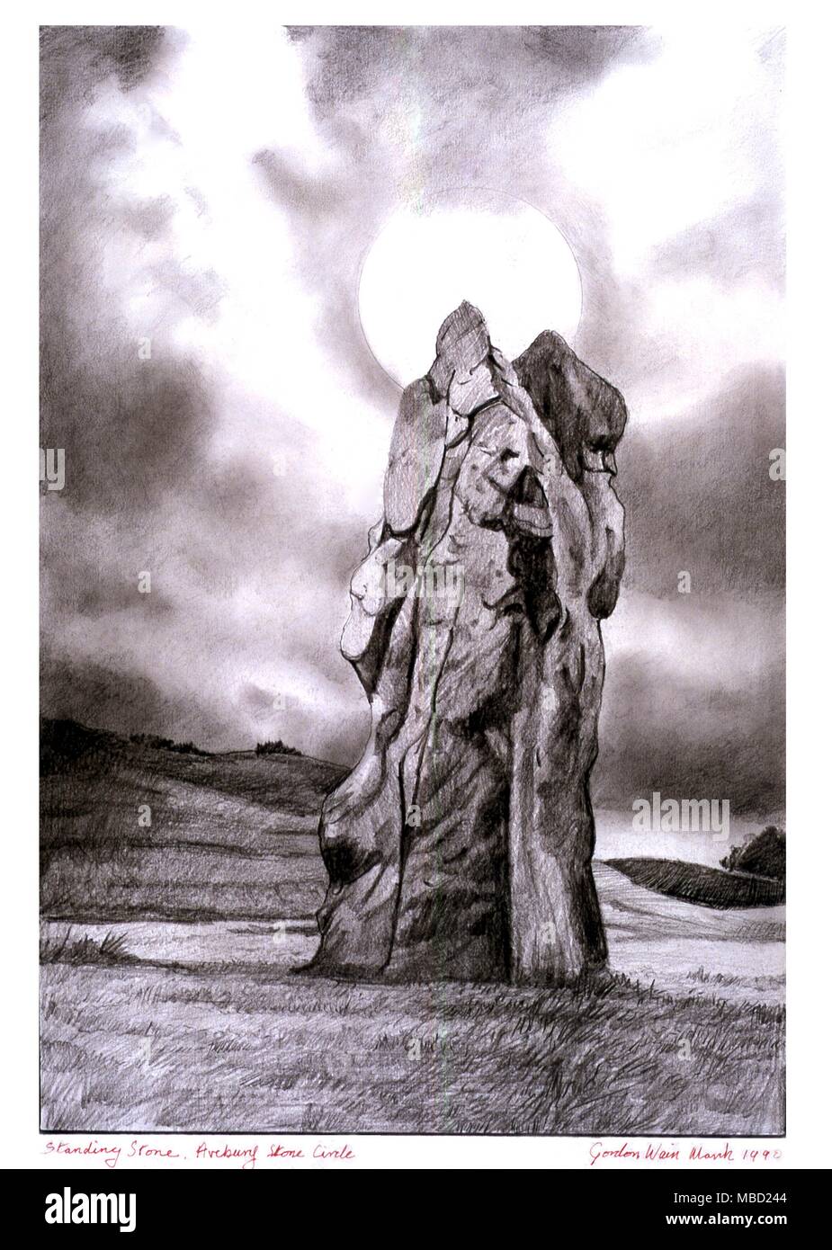 Arte occulta Pietra permanente, Avebury Stone Circle. Disegno di Gordon Wain, 1990. L'artista ha escogitato per impregnare la pietra con la vita - suggerendo che esso ha una forma umana. Foto Stock