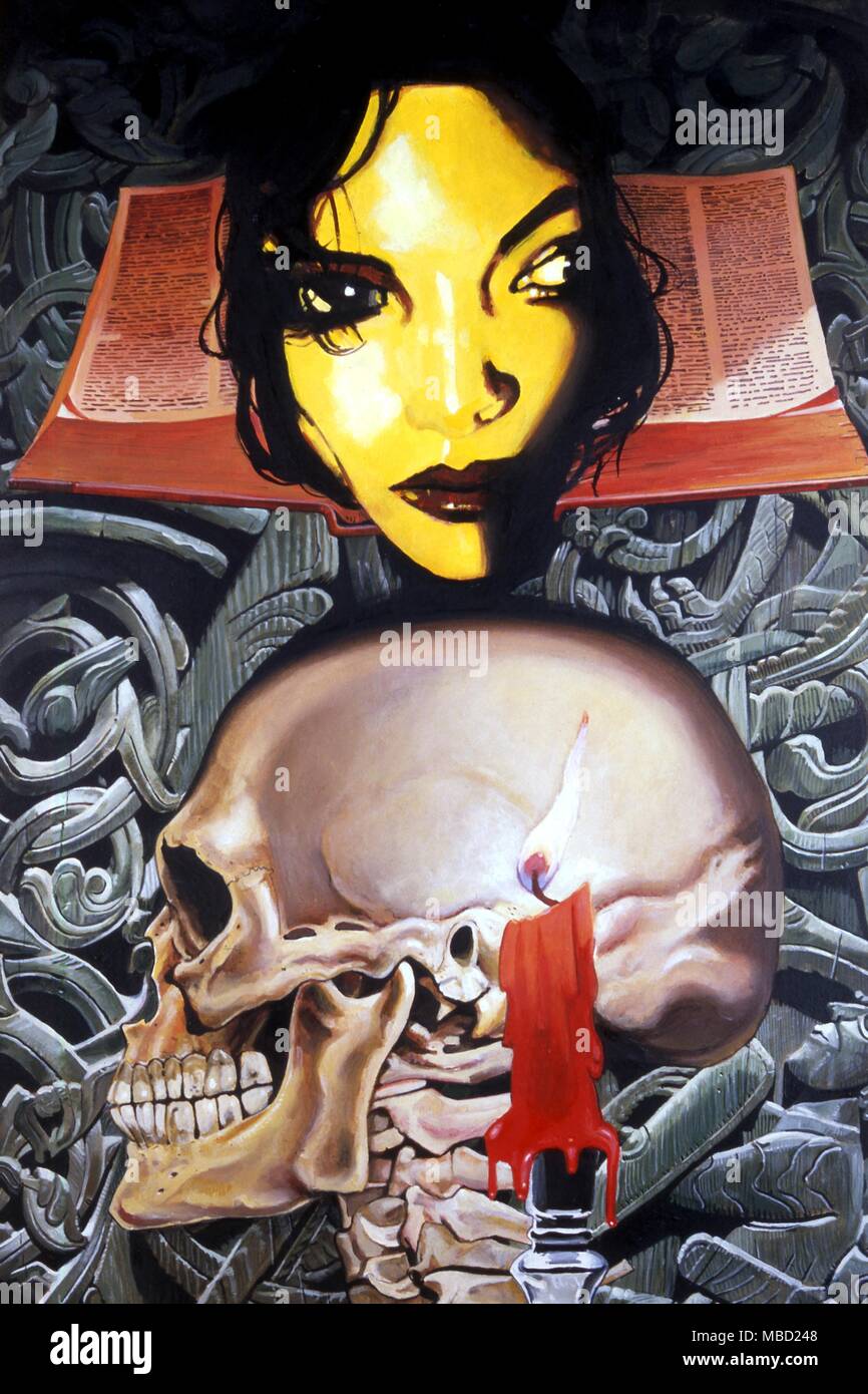 Arte occulta Il lettore di fantasia da Gordon Wain.1985. Il cranio, il simbolo della morte, con la candela, simbolo di luce e di vita, contrasta con la testa umana su un libro che vivifica la mente. Foto Stock