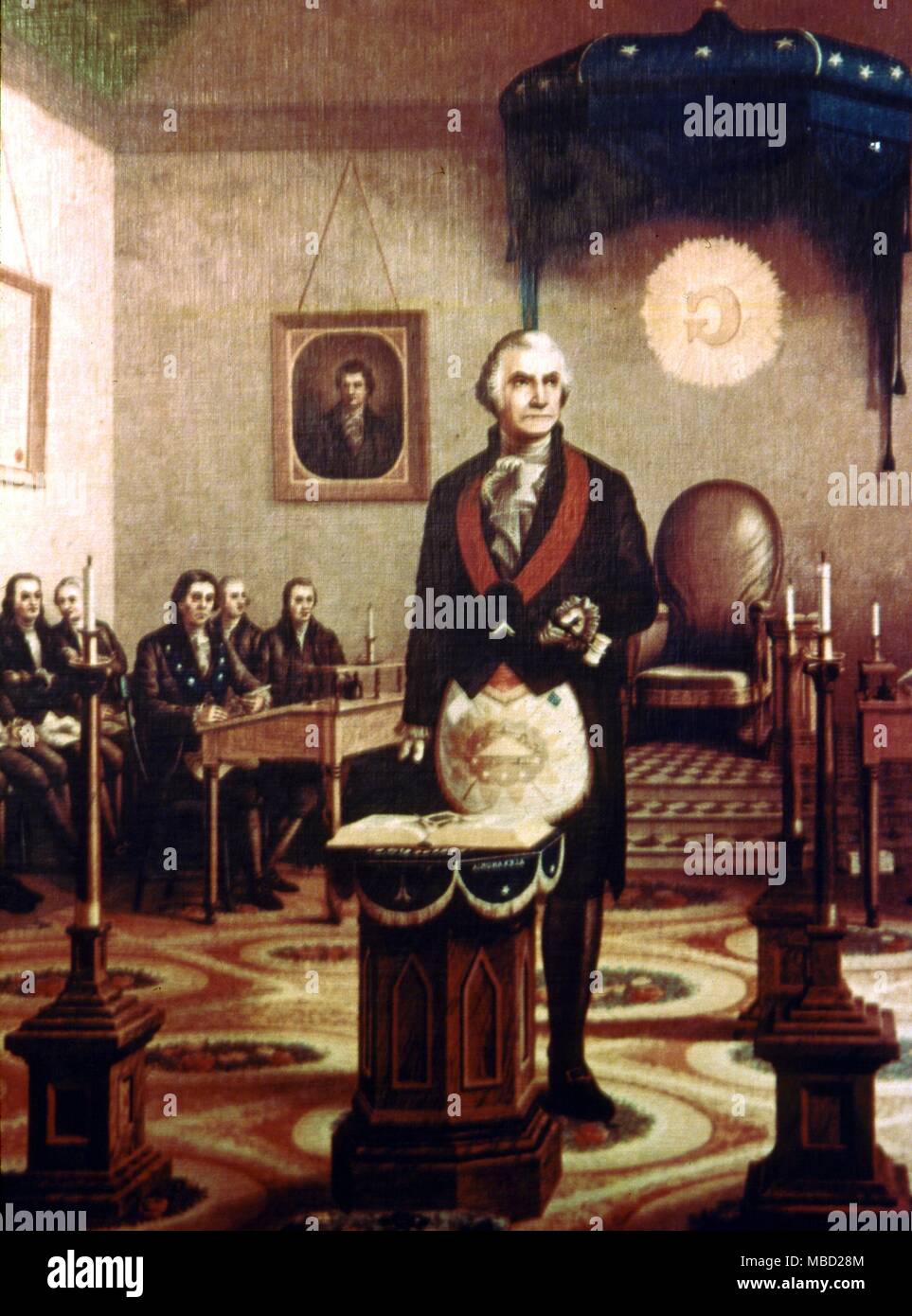 Ritratto del Presidente degli Stati Uniti George Washington, indossando il grembiule massonico. Nel Tempio Massonico di Washington DC. Foto Stock