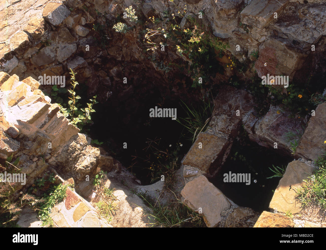 Archeologia messicana. Monte Alban ha una storia complessa, i suoi edifici coprono periodi risalenti 600BC per 750AD.verticale della camera di osservazione per notare lo zenith del sole. Foto Stock