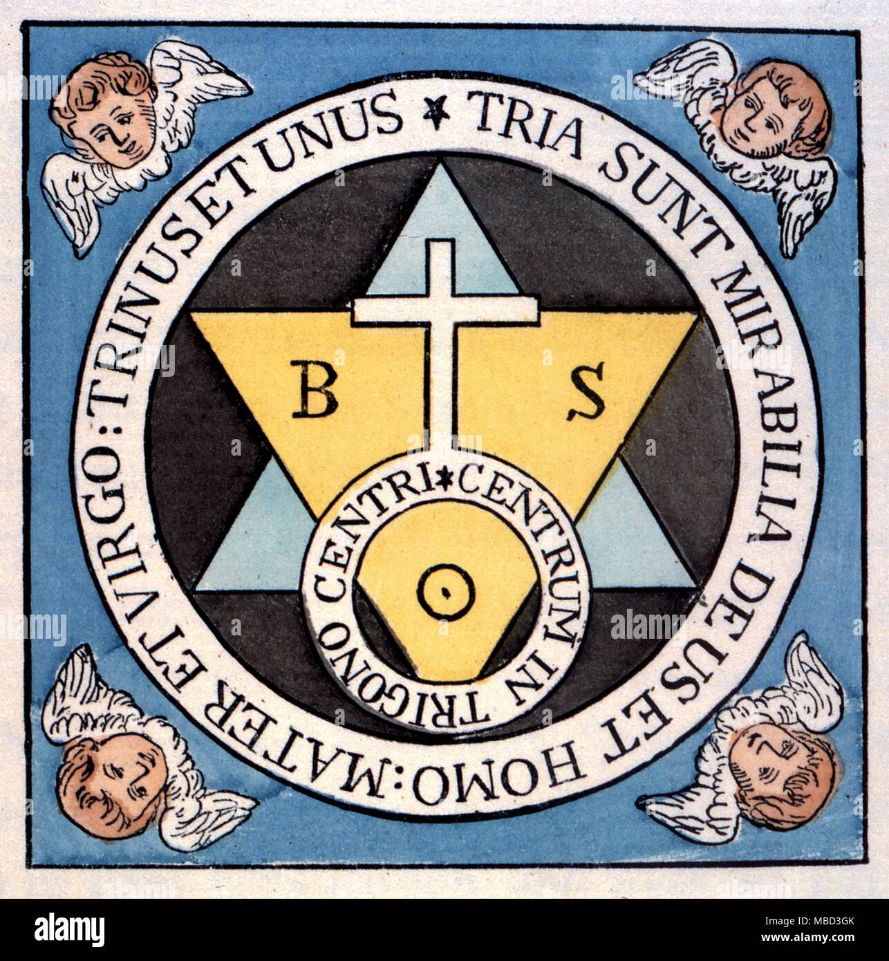Rosicrucian simbolo sacro di tre. Schema di alchemici tre-in-uno, circondato da quattro elementi.Da Aurum Seculum Redivivum. 1788 Foto Stock