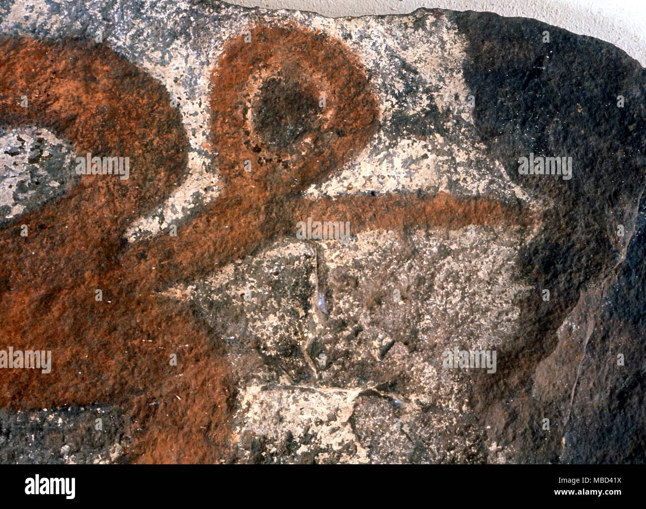 Isola di Pasqua - Birdman cult - Dettaglio di un antico dipinto di roccia di uno degli uomini di uccelli delle isole del Pacifico. Il culto che è stato centrato in Isola di Pasqua, domina la illustrazione della regione intorno ai crateri vulcanici. - ©Charles Walker / Foto Stock