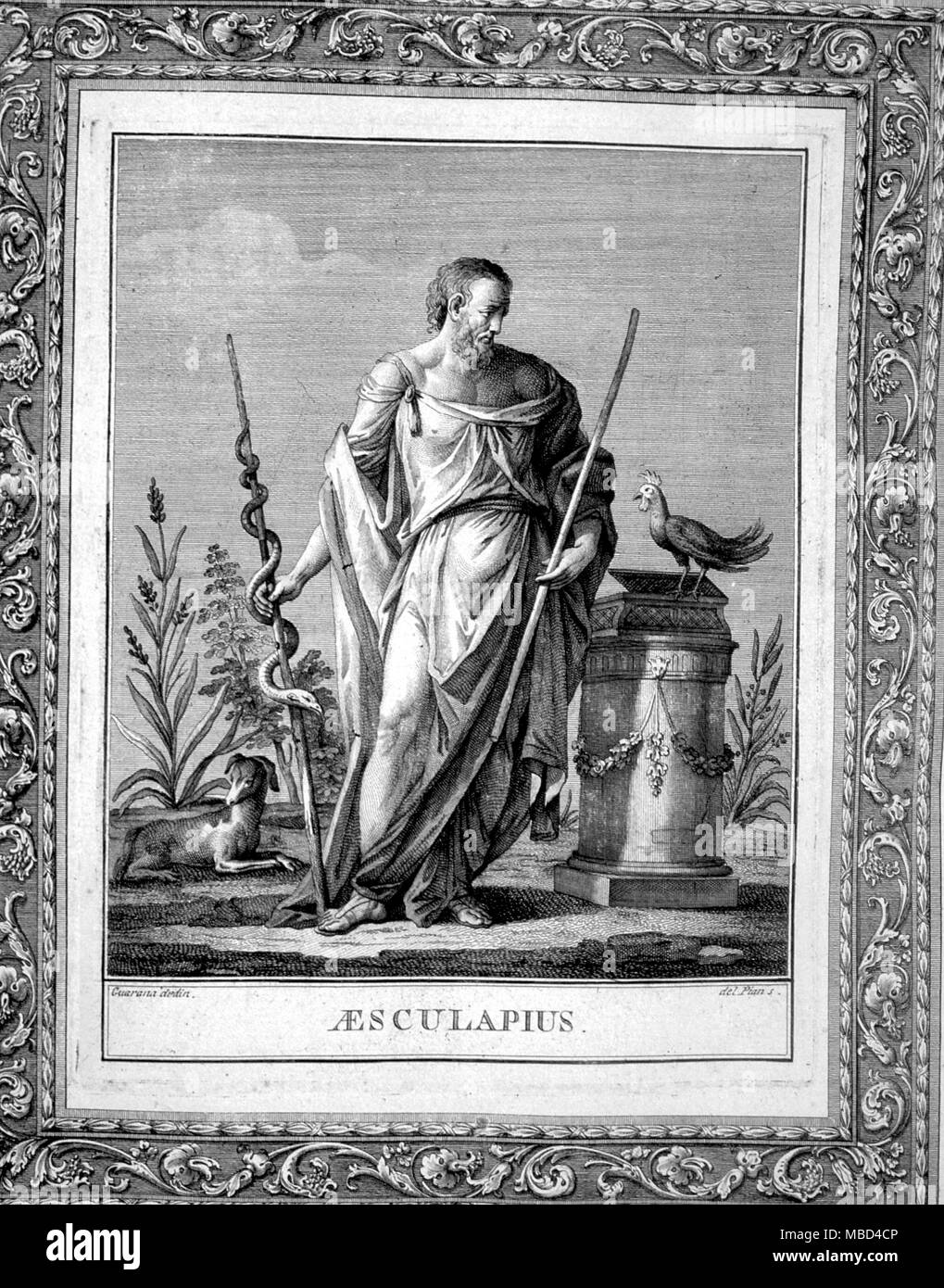 La mitologia greca - Esculapio, il dio greco della guarigione, che impostare gli ospedali in Cos e Epidauro e sviluppato il sonno-guarigione (incubazione). Dal 1792 edizione di Jacopo Guarana's oracoli, auguri, Aruspici, Sibille, indovinia della Religione Pagana. Foto Stock