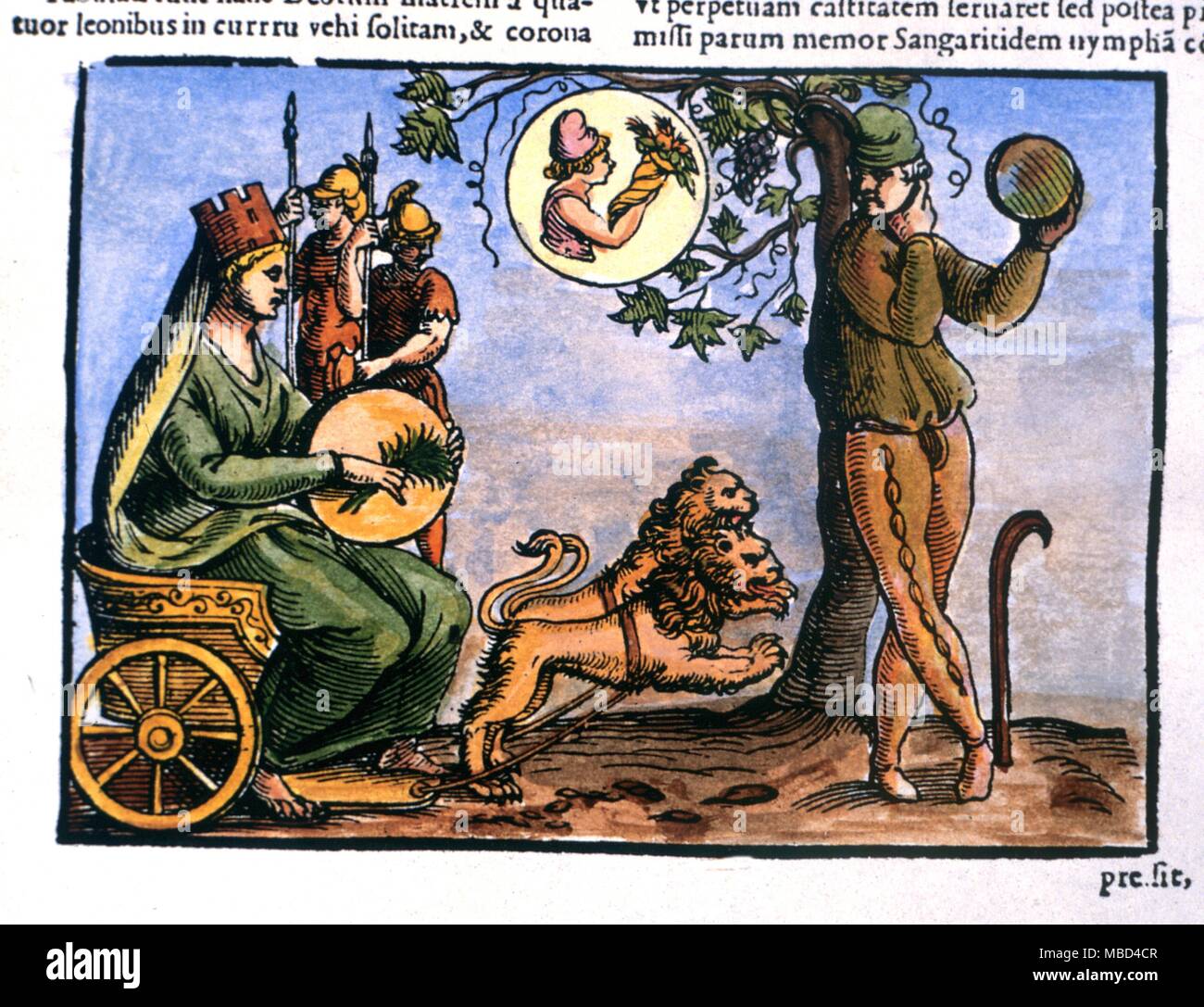 La mitologia greca - Cibele, per i greci e i Romani, la grande Madre. Cibele aveva molti nomi per esempio, Dindymene e identificato con molti terra dee, come Ops, Rhea e Cerere. In tempi antichi il suo festival si è tenuto il 4 aprile. Xilografia da Natalis Comitis Mythologiae,, Libro 3. Foto Stock