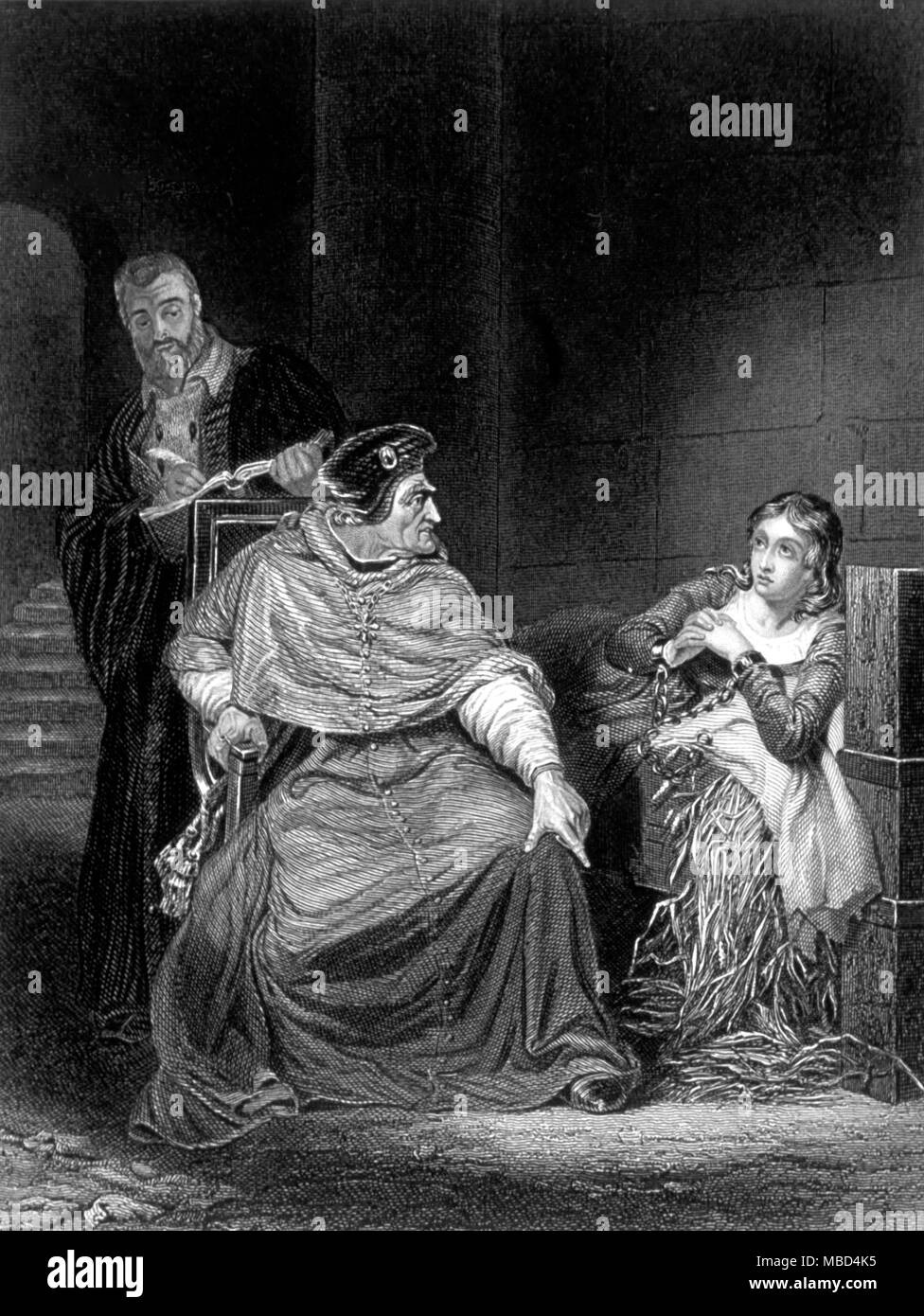 Giovanna d Arco in prigione. Colorate a mano incisione di J. Rogers dopo il dipinto di Delaroche, c.1855.- Foto Stock