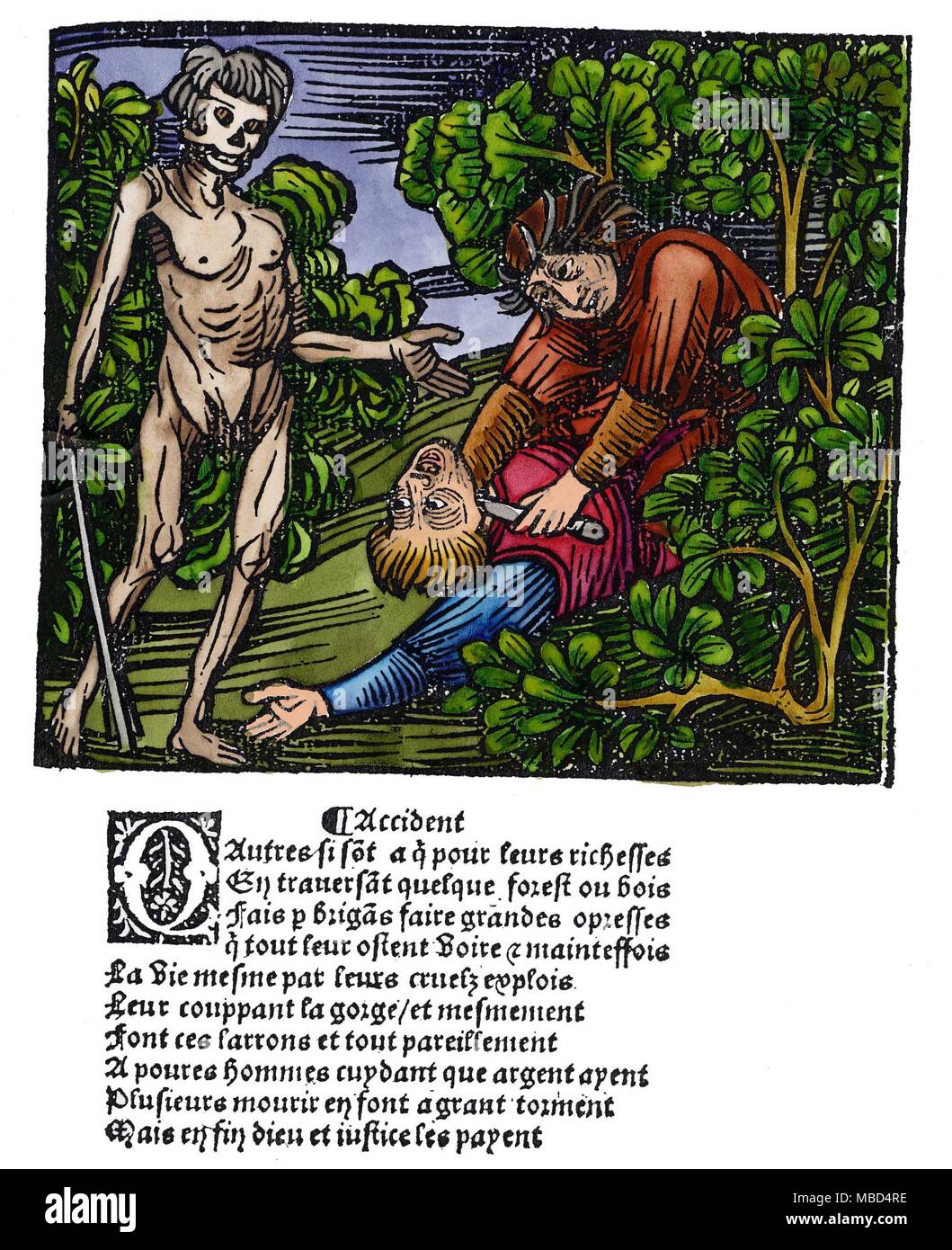 La morte - la morte omicidio di supervisionare un omicidio. Colorate a mano la xilografia, dal lavoro francese, Les Loups Ravissans, pubblicato da Antoine Vérard circa 1500. Foto Stock
