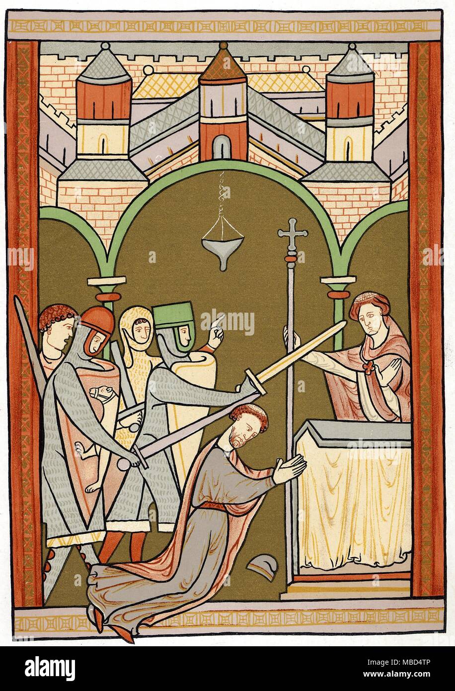 Santi - STORIA DELLA GRAN BRETAGNA - ST. THOMAS l assassinio di Thomas a Becket a Canterbury in 1170. Xix secolo litografia del XIII secolo manoscritto dalla British Library Haley 5102. Foto Stock