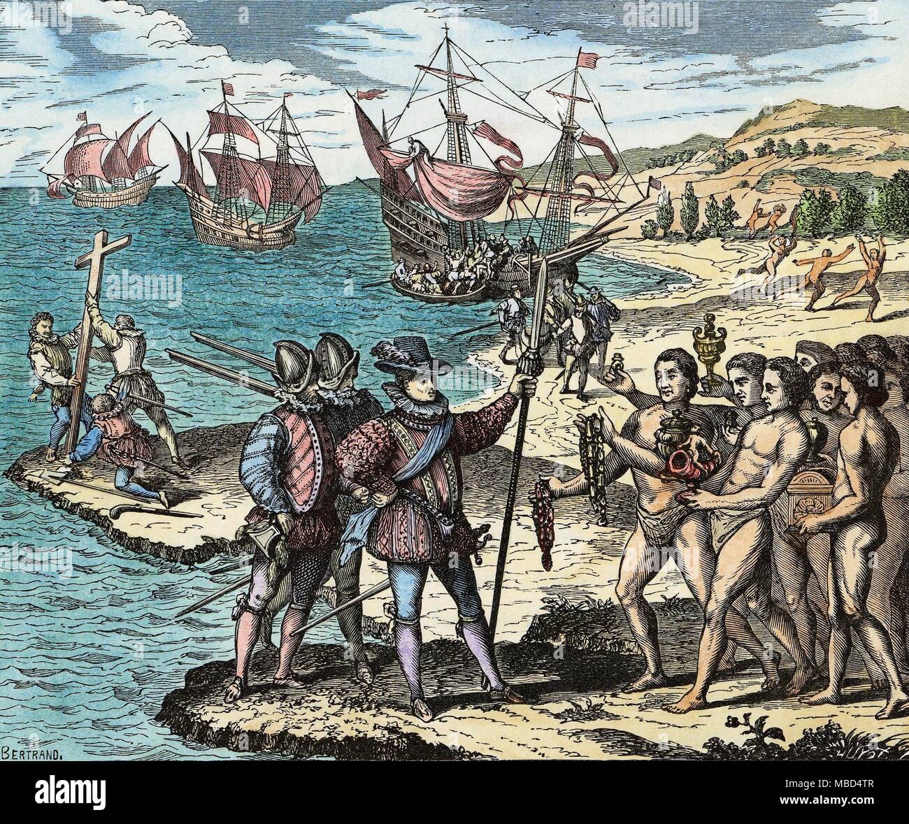 Storia dell'America - COLUMBUS il 12 maggio 1492, Christopher Columbus erige la croce, e investe la isola di Guanahani (in Bahamas) con il nome di San Salvador. Woodengraving basata sull'copperprint da Theodore de Bry, Grands Voyages, 1590. Foto Stock