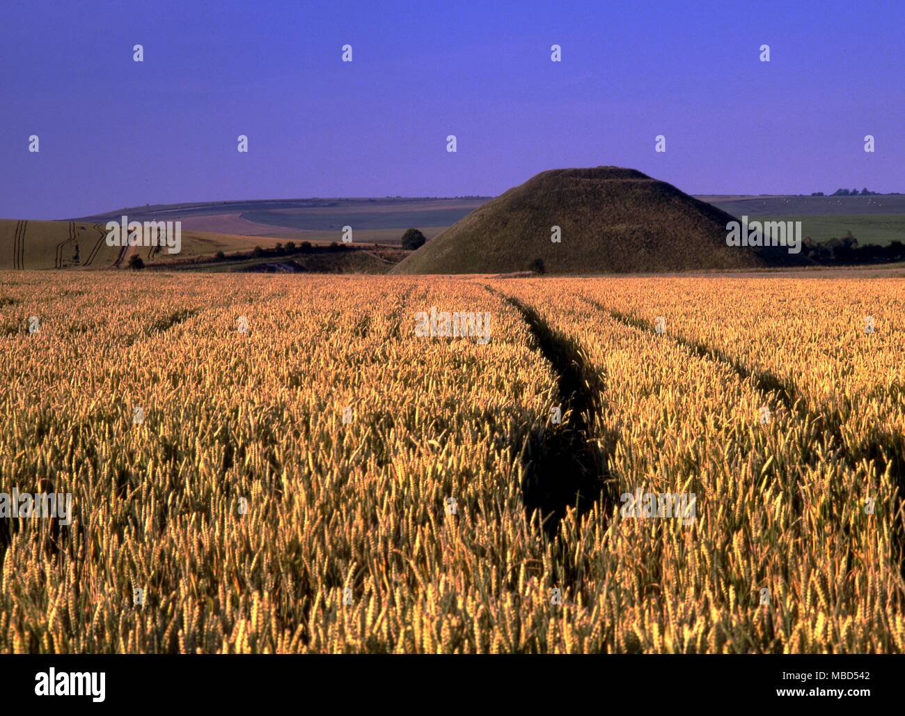 Silbury Hill. Questo è l'uomo più grande tumulo di fatto in Europa e copre poco più di 5 acri. Costruito c.2,100 BC ed è collegato con il vicino ad Avebury cerchi. Foto Stock