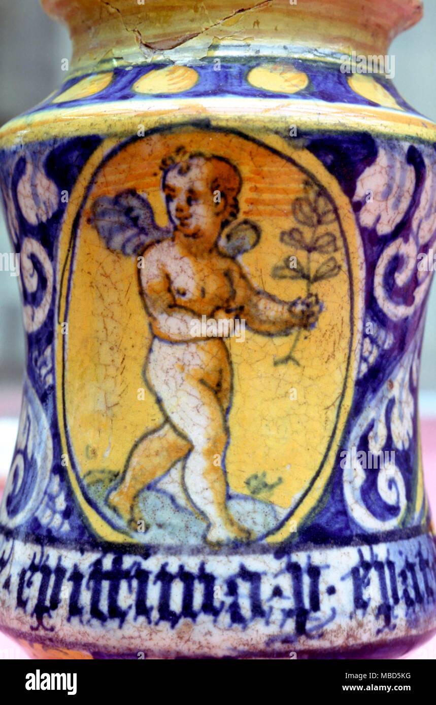 Medical. Dipinto di vasetti di archiviazione, sul display nel Museo Svizzero della storia farmaceutica, Basilea. Foto Stock