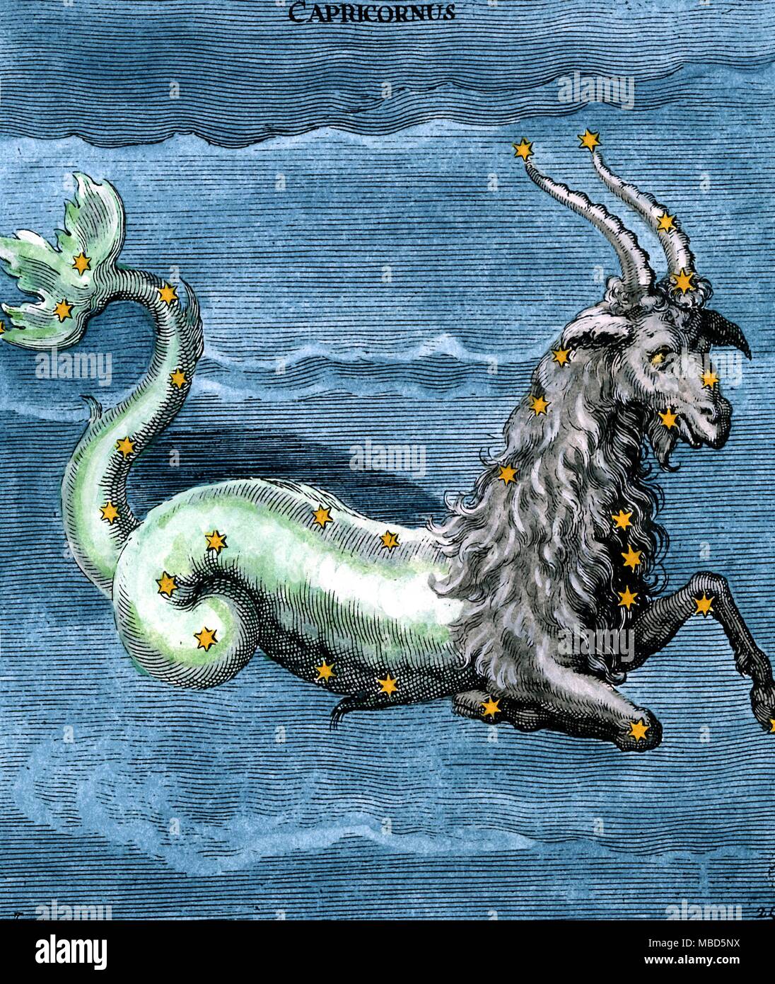 Costellazioni Capricornus settecenteschi colorati a mano incisione di constellational Capricornus il Goat-Fish basata sull'illuminazione nel IX secolo Aratea manoscritto in Leiden che di per sé è basato sulla traduzione latina del Greco originale di Arato scritto nel primo secolo della nostra era. Arato è nato a circa 315 BC in soli sulla costa sud del presente in Turchia ed è detto di avere scritto il suo phaenomena per il dominatore della Macedonia Antigonus Gonatas Foto Stock Costellazioni Capricornus settecenteschi colorati a mano incisione di constellational Capricornus il Goat-Fish basata sull'illuminazione nel IX secolo Aratea manoscritto in Leiden che di per sé è basato sulla traduzione latina del Greco originale di Arato scritto nel primo secolo della nostra era. Arato è nato a circa 315 BC in soli sulla costa sud del presente in Turchia ed è detto di avere scritto il suo phaenomena per il dominatore della Macedonia Antigonus Gonatas Foto Stock