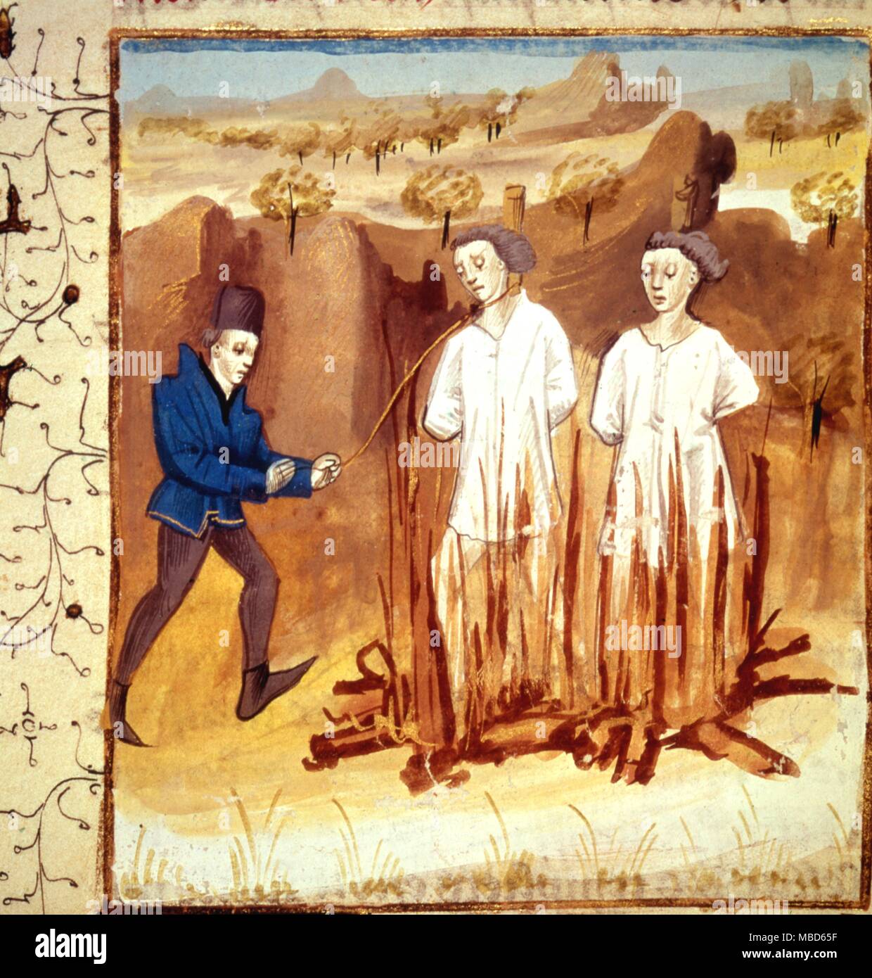 La masterizzazione dei Cavalieri Templari nella prima parte del XIV secolo. Contemporanea mss. in arsenale biblioteca, Parigi Foto Stock