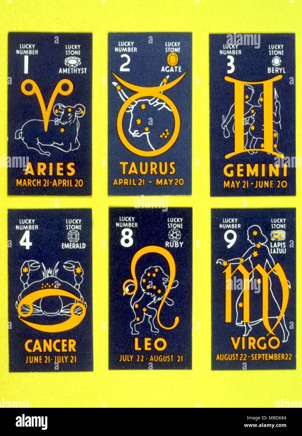 Segni zodiacali - sei sigils e immagini zodiacale, da Airies di Virgo. Accendi le carte emesse da Lewis medie Navy sigarette, nella serie denominata oroscopi. Sigils per i segni su immagini con pietre fortunato e numeri. - © /Charles Walker Foto Stock