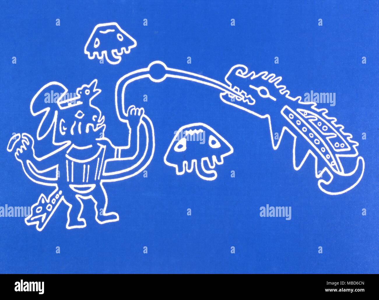 Spazio uomini opera sulla base di un disegno da Von Daniken indiana di immagine che egli sostiene mostra un indiano in contatto con un flying dragon, infatti potrebbe essere un indiano di pesca. Von Daniken descrive le altre, oggetti di piccole dimensioni come ' robot come ' .. Foto Stock