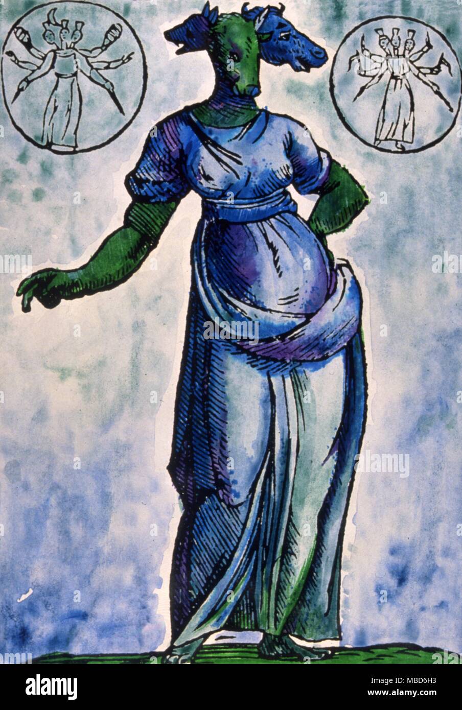 Le tre punte dea demoniaca di stregoneria, Hecate, Righello della Luna. Da Catari "ythologia." La mitologia greca Hecate, tre capo-dea che, sotto una varietà di nomi, sembra essere stata la dea del mestiere antico o Vecchio Religione, poiché prima di tempi classici. Xilografia, Natalis Comitis, 'Mythologiae' demoni le tre punte, Hecate da Natalis Comiti "ythologiae', 1616 edition. La tradizione triade di teste sono cavallo, cane e Lion, ma questi variano in alcune immagini. Foto Stock
