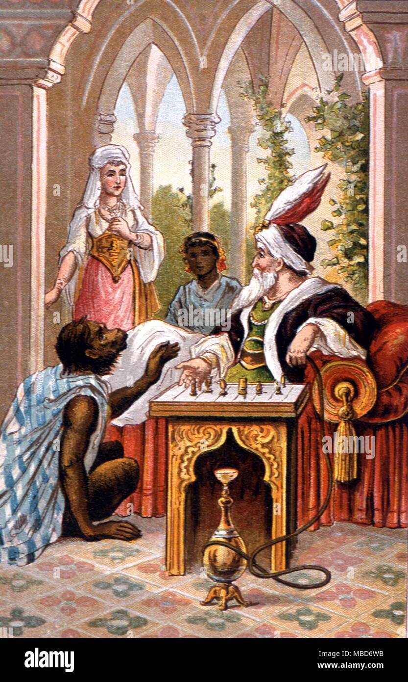 Arabian Nights - La Storia dell'uomo invidioso, e l'uomo invidiato. Illustrazione litografica di circa 1890. Il Fyler Townsend edizione del Arabian Nights Foto Stock